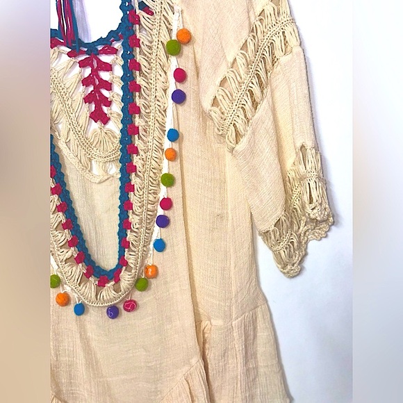 Boho Colorful Pom Pom Crochet Flowy Top / Tunic / Swim Cover Up - Picture 3 of 6